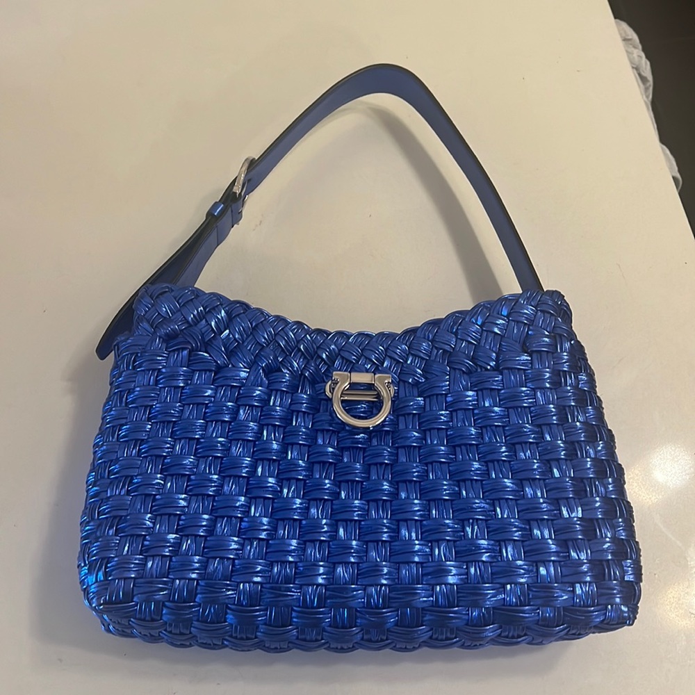 Salvatore ferragamo metallic woven calfskin trifolio shoulder bag bluette